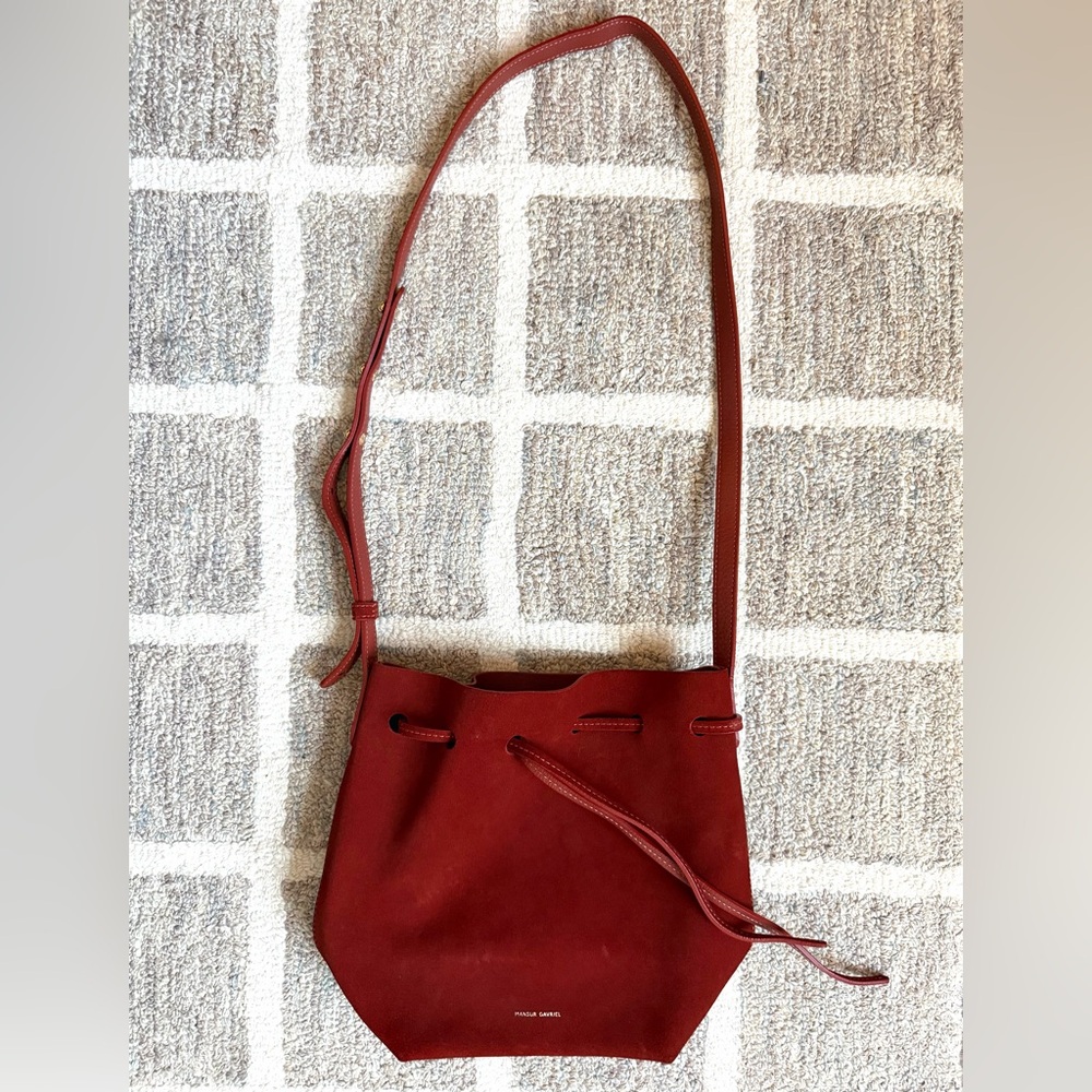 Mansur Gavriel Red Suede Drawstring Crossbody lik… - image 1